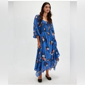 Free People Royal Blue Floral Asymmetrical Midi Dress